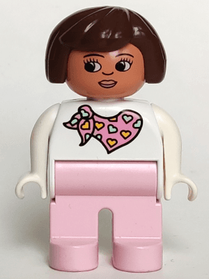 LEGO Duplo Figure Female Pink Legs White Top with Pink Scarf with Hearts Pattern Brown Hair (4555pb163) Duplo Minifigure