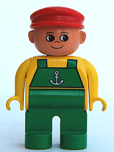 Duplo Figure, Male, Green Legs, Yellow Top with Green Overalls and Anchor, Red Cap