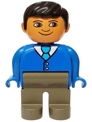 Duplo Figure, Male, Dark Gray Legs, Blue Top With 2 Buttons And Tie, Black Hair