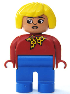 LEGO Duplo Figure Female Red Top with Yellow and Red Polka Dot Scarf Yellow Hair Turned Down Nos (4555pb174) Duplo Minifigure