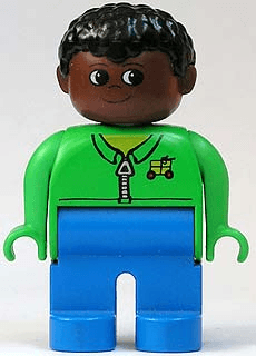 LEGO Duplo Figure Male Green Zippered Jacket Black Curly Hair (4555pb179) Duplo Minifigure