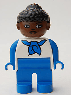 LEGO Duplo Figure Female White Top with Blue Sleeves and Scarf Black Curly Hair in Bun Looking (4555pb186a) Duplo Minifigure