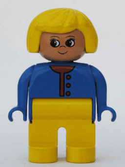 Duplo Figure, Female, Yellow Legs, Blue Sweater Unbuttoned with Red Buttons, Yellow Hair (75468)