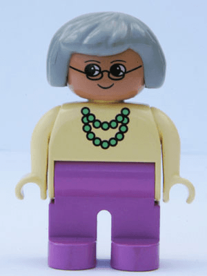 LEGO Duplo Figure Female Dark Pink Legs Yellow Blouse with Green Necklace Gray Hair (4555pb191) Duplo Minifigure