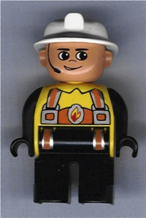 LEGO Duplo Figure Male Fireman Yellow Top with Flame and Orange Suspenders White Fire Helmet Hea (4555pb194) Duplo Minifigure