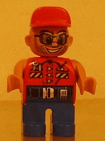 LEGO Duplo Figure Male Action Wheeler Red Top with Wrench Red Cap Sunglasses Beard (4555pb196) Duplo Minifigure