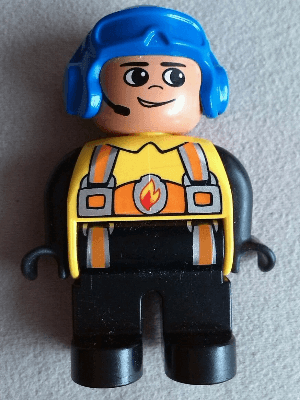 LEGO Duplo Figure Male Fireman Yellow Top with Flame and Orange Suspenders Blue Aviator Helmet (4555pb198) Duplo Minifigure