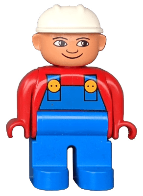 LEGO Duplo Figure Male Red Top with Blue Overalls Construction Hat White Turned Down Nose (4555pb199) Duplo Minifigure