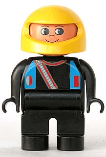 LEGO Duplo Figure Male Black Top with Blue Straps and Racer Diagonal Zipper Yellow Racing Helmet (4555pb201) Duplo Minifigure