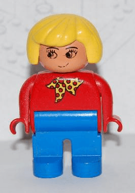 LEGO Duplo Figure Female Red Top with Yellow and Red Polka Dot Scarf Yellow Hair without Nose (4555pb203) Duplo Minifigure