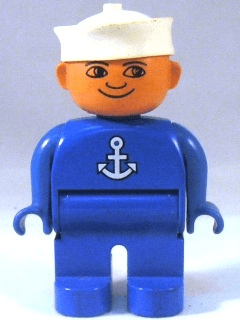 LEGO Duplo Figure Male Blue Top with White Anchor White Sailor Hat no White in Eyes Pattern (4555pb204) Duplo Minifigure