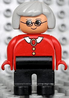 LEGO Duplo Figure Female Red Blouse with White Collar Gray Hair Glasses (4555pb212) Duplo Minifigure