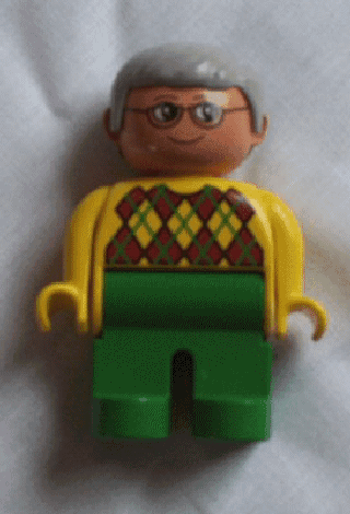 LEGO Duplo Figure Male Yellow Argyle Sweater Gray Hair Glasses (4555pb213) Duplo Minifigure