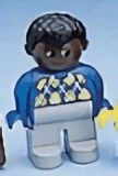 Duplo Figure, Male, Light Gray Legs, Blue Argyle Sweater, Black Hair, Brown Head (75693)