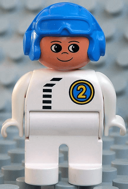 LEGO Duplo Figure Male White Top with Black Zipper and Racer #2 Blue Aviator Helmet (4555pb244) Duplo Minifigure