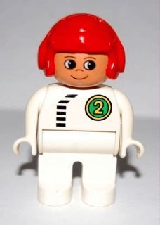 LEGO Duplo Figure Male White Top with Black Zipper and Racer #2 Round Eyes Red Aviator Helmet (4555pb245) Duplo Minifigure