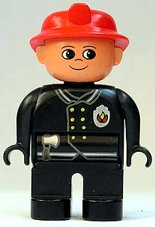 LEGO Duplo Figure Male Fireman Black Top with Flame Logo Red Fire Helmet no Moustache (4555pb251) Duplo Minifigure