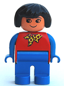 LEGO Duplo Figure Female Red Top With Yellow And Red Polka Dot Scarf Black Hair without Nose (4555pb254) Duplo Minifigure
