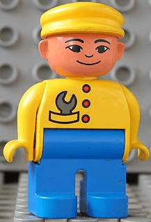 LEGO Duplo Figure Male Yellow Top with Wrench in Pocket and Red Buttons Yellow Cap Grin (4555pb258) Duplo Minifigure