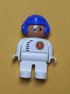 LEGO Duplo Figure Male White Top with Black Zipper and Racer #1 Blue Aviator Helmet (4555pb262) Duplo Minifigure
