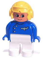 LEGO Duplo Figure Male Blue Top with Plane Logo Yellow Aviator Helmet Turned Up Nose (4555pb263) Duplo Minifigure