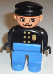 LEGO Duplo Figure Male Police Black Top with Gold Badge Black Hat Turned Down Nose and Elliptica (4555pb266) Duplo Minifigure