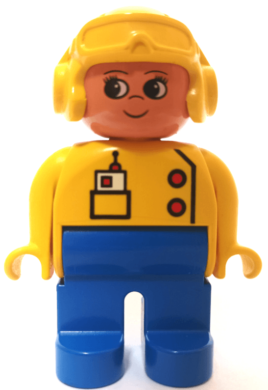 LEGO Duplo Figure Female Yellow Top with Radio in Pocket Yellow Aviator Helmet Eyelashes Turned (4555pb269) Duplo Minifigure