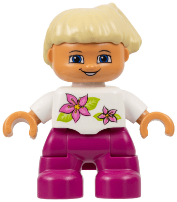 LEGO Duplo Figure Lego Ville Child Girl Magenta Legs White Top with Two Flowers Tan Hair (45215 (47205pb010) Duplo Minifigure
