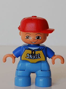 LEGO Duplo Figure Lego Ville Child Boy Blue Top with 'SKATE' Pattern Red Cap Freckles (47205pb011) Duplo Minifigure