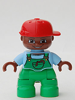 LEGO Duplo Figure Lego Ville Child Boy Bright Light Blue Top with Bright Green Overalls with Wo (47205pb013) Duplo Minifigure