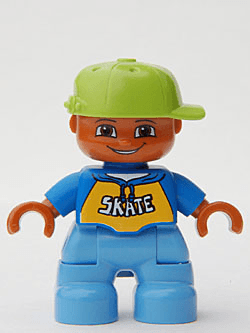 LEGO Duplo Figure Lego Ville Child Boy Blue Top with 'SKATE' Text Pattern Lime Cap (47205pb014) Duplo Minifigure