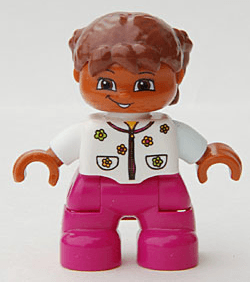 LEGO Duplo Figure Lego Ville Child Girl Magenta Legs White Top with Flowers Reddish Brown Hair (47205pb016) Duplo Minifigure