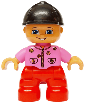 Duplo Figure Lego Ville, Child Girl, Red Legs, Dark Pink Top with Flowers, Black Riding Helmet