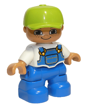 LEGO Duplo Figure Lego Ville Child Boy White Top with Blue Overalls Lime Cap Freckles (47205pb025) Duplo Minifigure