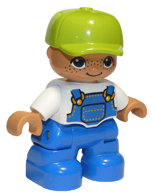 LEGO Duplo Figure Lego Ville Child Boy White Top with Blue Overalls Lime Cap Freckles Oval Eye (47205pb025a) Duplo Minifigure
