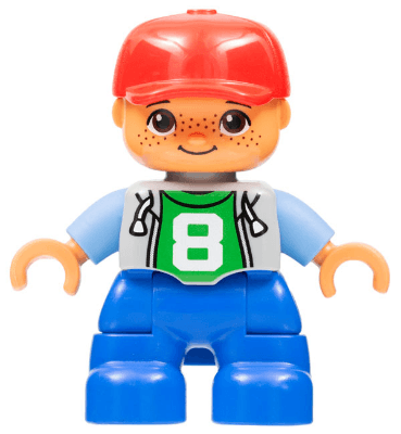 LEGO Duplo Figure Lego Ville Child Boy Light Bluish Gray Top with Number 8 Red Cap Freckles Ov (47205pb026a) Duplo Minifigure