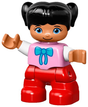 LEGO Duplo Figure Lego Ville Child Girl Bright Pink Top with Bow Tie Black Hair with Pigtails (47205pb032) Duplo Minifigure