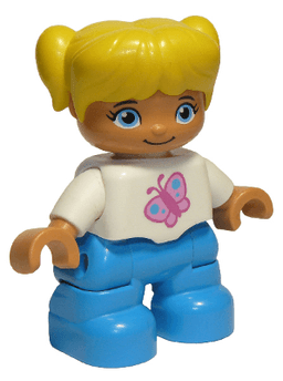 Duplo Figure Lego Ville, Child Girl, Dark Azure Legs, White Top with Pink Butterfly, Yellow Hair with Pigtails (6136453 / 6228500)