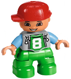 LEGO Duplo Figure Lego Ville Child Boy Light Bluish Gray Top with '8' Pattern Red Cap (47205pb043) Duplo Minifigure