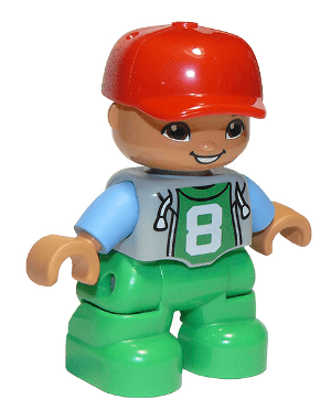 LEGO Duplo Figure Lego Ville Child Boy Light Bluish Gray Top with '8' Pattern Red Cap Oval Eye (47205pb043a) Duplo Minifigure