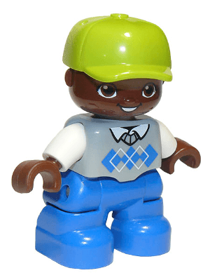LEGO Duplo Figure Lego Ville Child Boy Light Bluish Gray Argyle Sweater Vest Lime Cap Oval Eye (47205pb044a) Duplo Minifigure