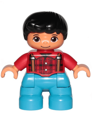 LEGO Duplo Figure Lego Ville Child Boy Dark Azure Legs Red Checkered Shirt with Suspenders Blac (47205pb058) Duplo Minifigure