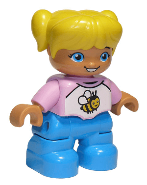 LEGO Duplo Figure Lego Ville Child Girl Dark Azure Legs White and Bright Pink Top with Bee Yell (47205pb059) Duplo Minifigure