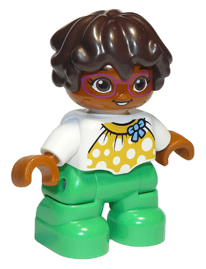 LEGO Duplo Figure Lego Ville Child Girl White Top with Yellow Pattern and Blue Bow Dark Brown W (47205pb076) Duplo Minifigure