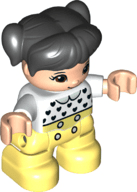 LEGO Duplo Figure Lego Ville Child Girl Bright Light Yellow Legs White Top with Black Hearts Bl (47205pb079) Duplo Minifigure