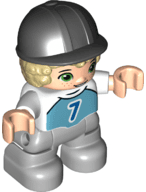 LEGO Duplo Figure Lego Ville Child Boy Medium Azure Top with Number 7 Tan Hair Black Riding Hel (47205pb081) Duplo Minifigure
