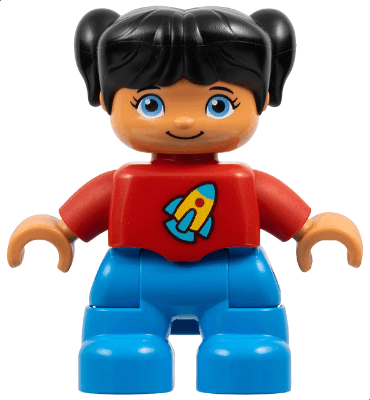 LEGO Duplo Figure Lego Ville Child Girl Dark Azure Legs Red Top with Space Rocket Ship Black Ha (47205pb090) Duplo Minifigure