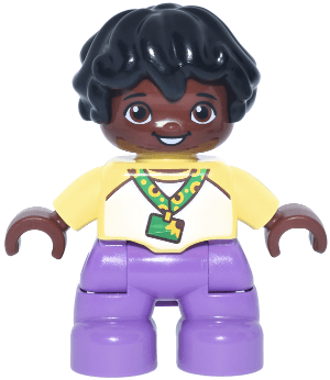 Duplo Figure Lego Ville, Child Boy, Medium Lavender Legs, Bright Light Yellow and White Top Baseball T-Shirt, Sunflower ID Badge on Lanyard Pattern, Black Hair (6544013)