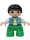 Duplo Figure Lego Ville, Child Boy, Bright Green Legs, Medium Azure Jacket with Capital Letter A and Buttons, Black Hair (6590637)