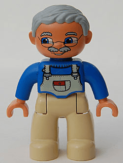 LEGO Duplo Figure Lego Ville Male Blue Top with White Overalls Bib Light Bluish Gray Hair (47394pb011a) Duplo Minifigure